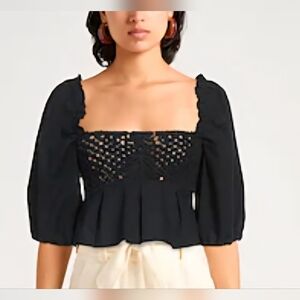 PINKO CROP Black Peplum Top Puffed Sleeve Darts Woven Square Size 2 170/80A